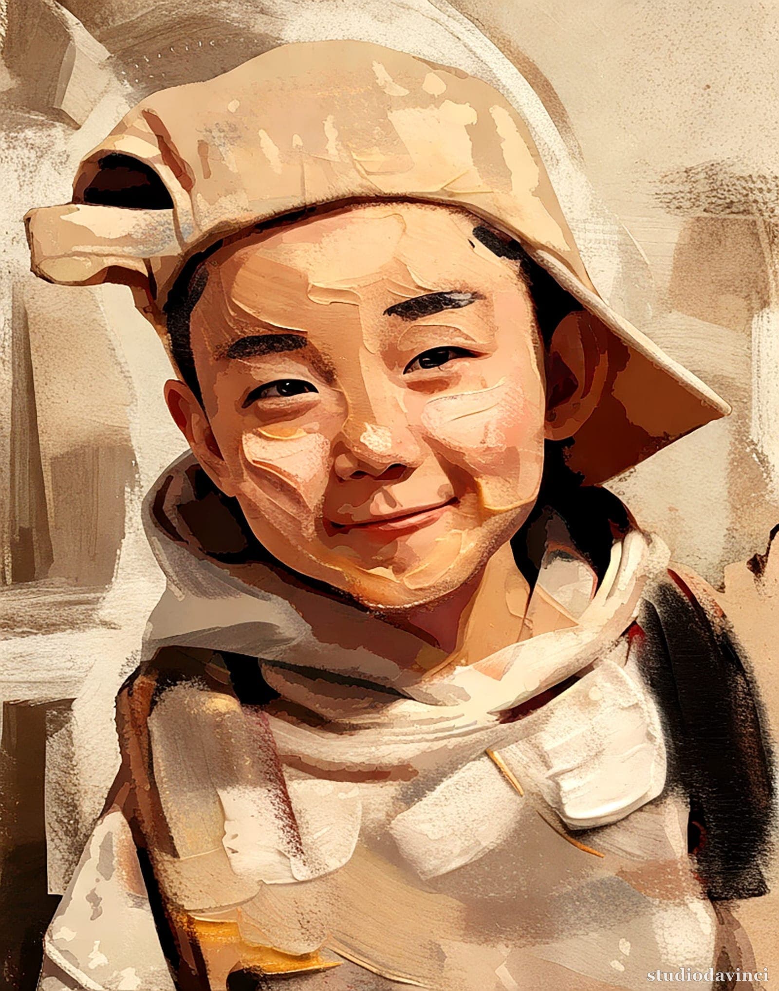 유화풍 초상화 (아이) — 야간 휴대폰 셀카를 따뜻한 갈색 톤 한 점으로 — after