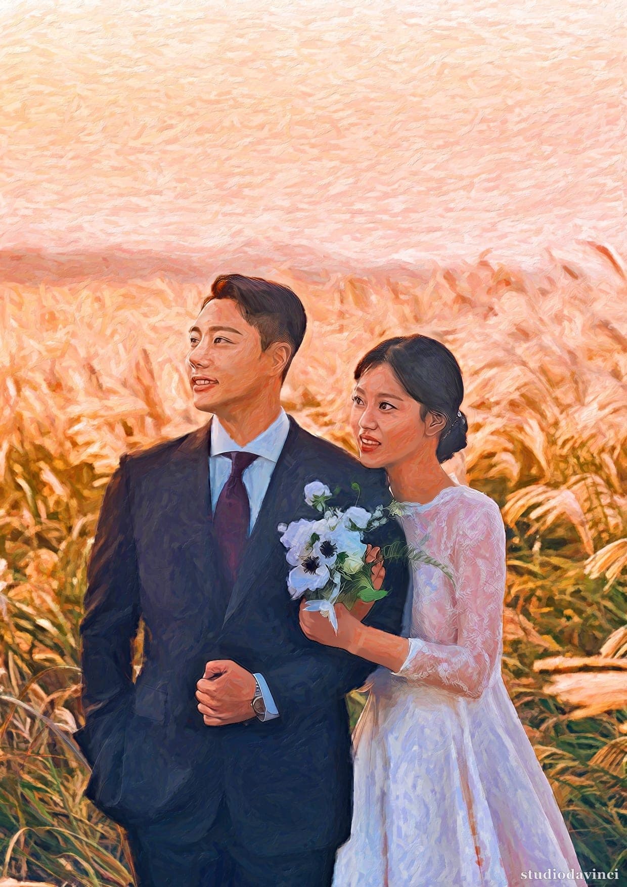 유화풍 초상화 (클래식) — 노을 억새밭 결혼사진을 A4 한 폭으로 — after