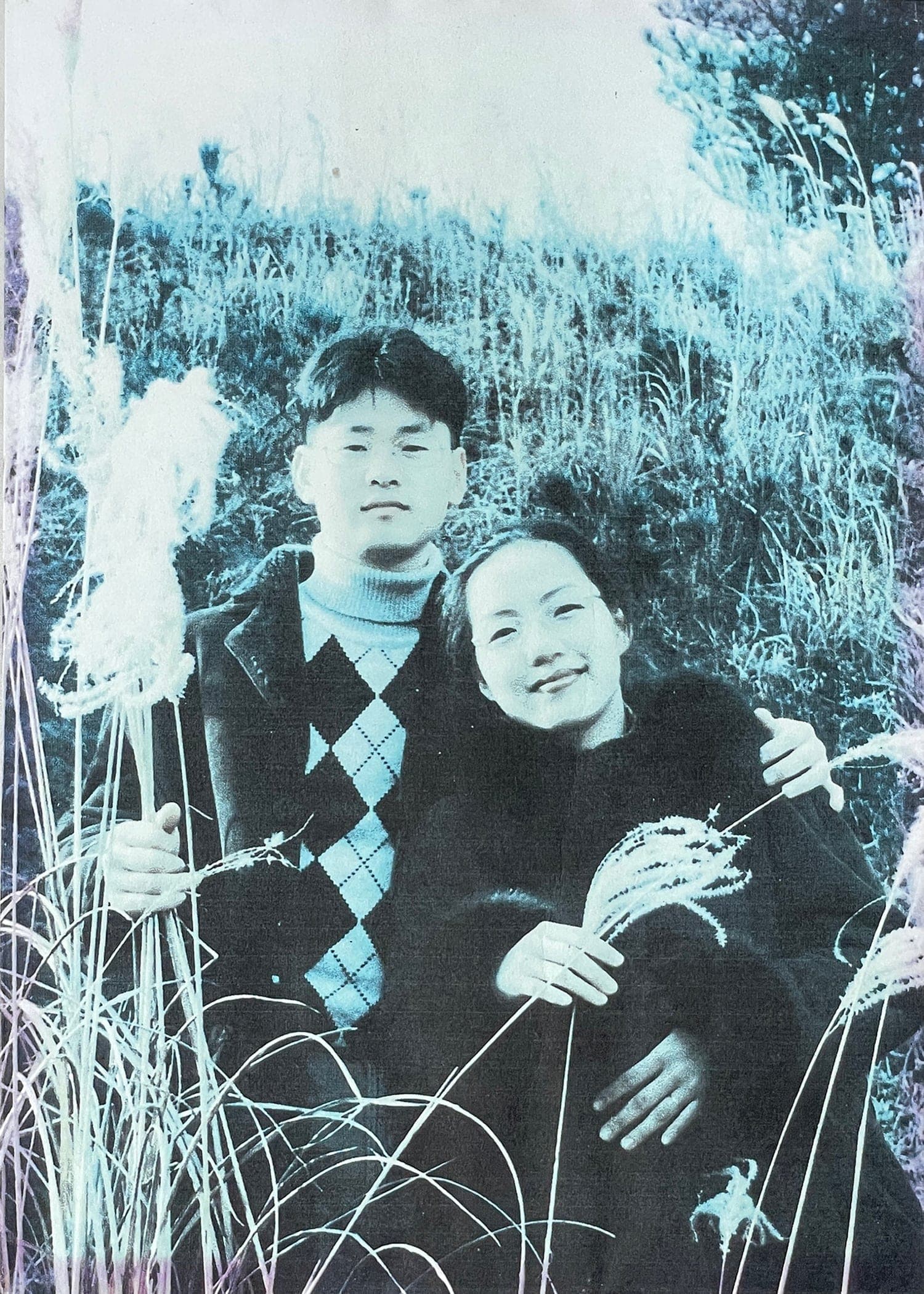 탈색 컬러 사진 복원 — 청록빛으로 변한 가을 갈대밭 부부 사진 — before