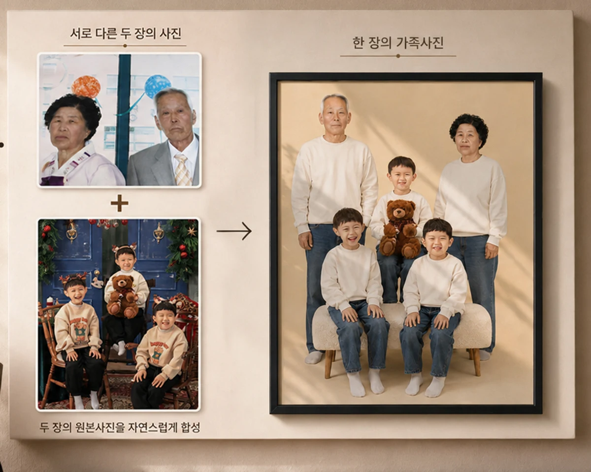 스튜디오 다빈치 사진합성 — 따로 찍은 사진도 한 장의 가족사진이 됩니다. 서로 다른 두 장의 원본 사진을 한 장의 가족사진으로 합성한 결과. 32년 전통, 20,000건 이상 복원·합성.